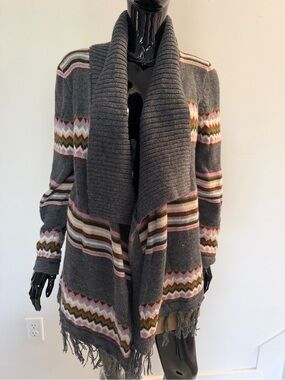 Carolina K Gray Fair Isle Fringe Open Front Cardigan Shawl Collar Sweater
